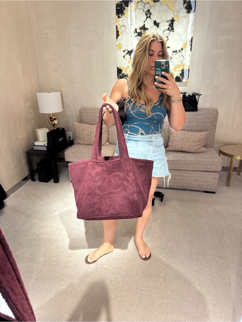 CHANEL Burgundy terry cloth  Tote with Embossed CC Logo